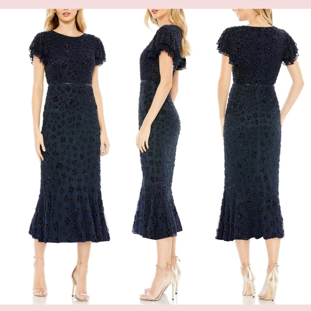 NEW $498 Mac Duggal [ 8 ] Beaded Ruffle Sleeve Midi‎ Cocktail Dress Midnight